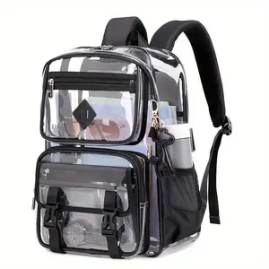 Clear Backpack with Multiple Pockets for School, Travel, and Work – Stylish and Durable Organizer with Front Zipper Compartments, Mesh Side Pockets, and Trendy Keychain Charm business clutch bag kast  king  karry  all
