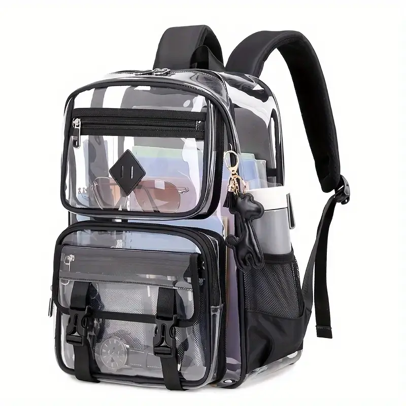 Clear Backpack with Multiple Pockets for School, Travel, and Work – Stylish and Durable Organizer with Front Zipper Compartments, Mesh Side Pockets, and Trendy Keychain Charm