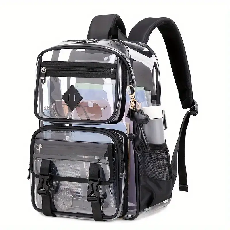 Clear Backpack with Multiple Pockets for School, Travel, and Work – Stylish and Durable Organizer with Front Zipper Compartments, Mesh Side Pockets, a