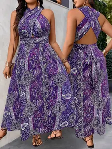 Women's Plus Size Maxi Dress Boho Print Criss Cross Halter Neck Cutout Open Back Tie Sleeveless Flowy A-Line Summer Beach Vacation Festival Outfits Trendy