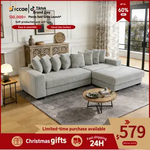 Niccae 111-inch Modern L-Shaped Sofa with Recliner Extra-Wide Lounge Corduroy Loveseat 8 Free Pillows for Home Living Room or Apartment