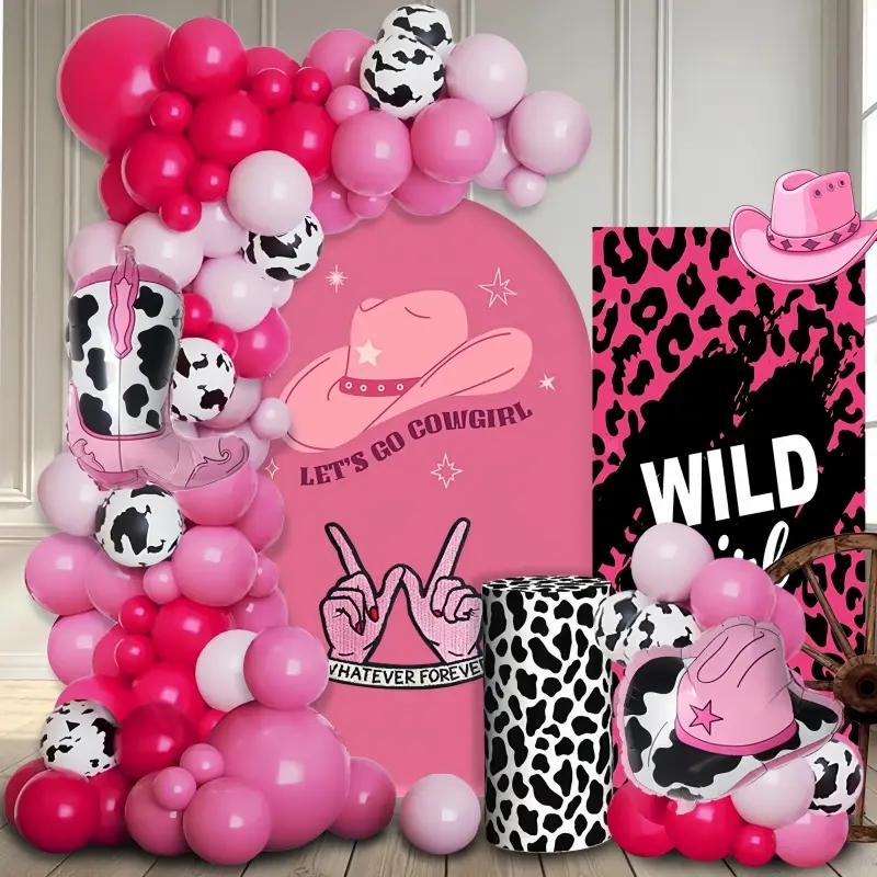 104pcs Western Cowboy Party Balloon Decorations Kit Pink Boots Hat with Rose Pink Balloon Perfect for Bathing Party Girls Farm Birthday Party Singles Party Decoration Balloon Arch Set Backdrop Balloon Arch Kits Balloon Garland Kit