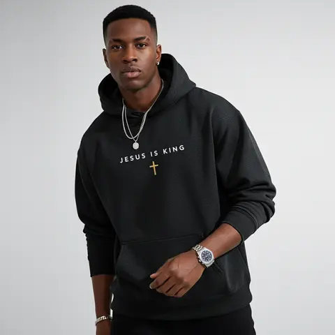 Men's Jesus is King Cross Christian Faith Graphic Hoodie - Cotton Blend Black Long Sleeve Pullover Regular Fit | Soft & Breathable Fabric, Durable Print, Everyday Comfort, Machine Washable, minimalist religious casual wear