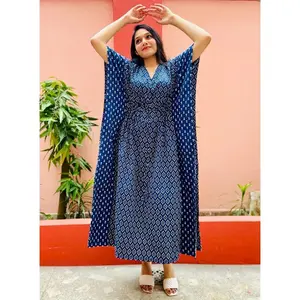 Hand Block Printed Cotton Kaftan - Navy Blue