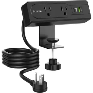 Desk Clamp Power Strip, 10FT Outlet Station with 2 Outlets, PD 20W  , Flat Plug, 16 Gauge, Black Power Strip with USB C, Fit 1.72" Tabletop