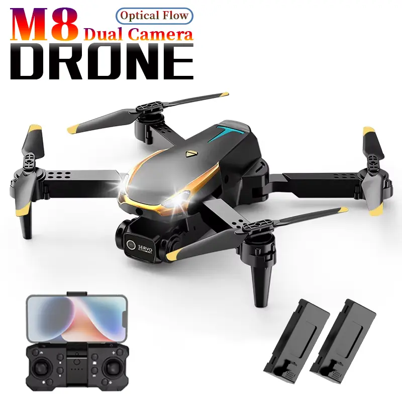 M8 Portable Outdoor Drone Gadget - Wireless Remote Control Plastic Aeroplane with 2 Rechargeable Lithium Batteries, HD Dual Cameras, Collision Avoidance Sensor, 360-Degree Flips, Bluetooth, Motorized Flight Controller, Remote Control Drone