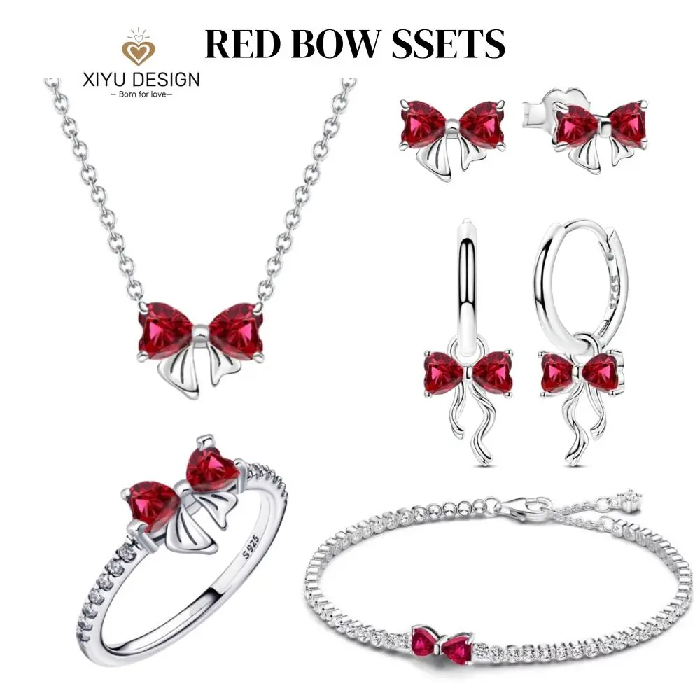 Christmas Party 925 Sterling Silver Red Bow Necklace Ring Earring Set Charm Exquisite Jewelry for Women Anniversary Wedding Gift