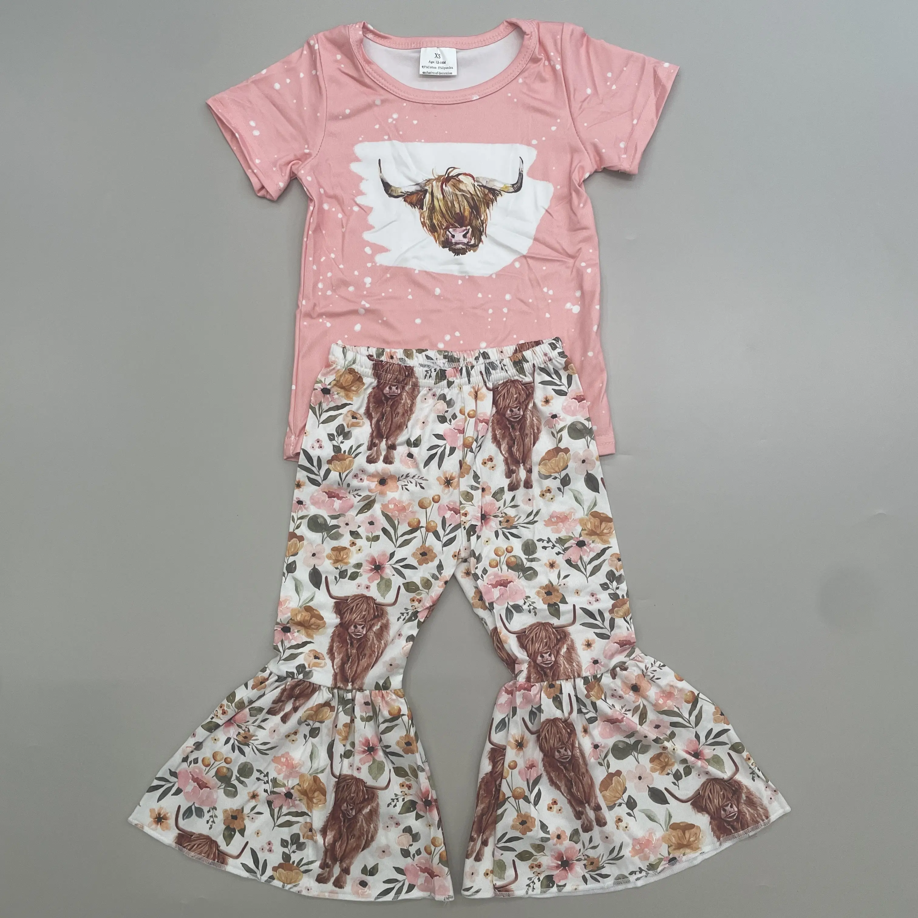 Girl Bell Bottom Set Highland Cow Outfit Girl Clothing Set