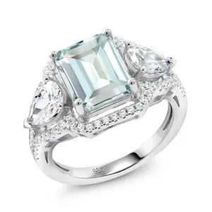 3.89 Cttw Sky Blue Simulated Aquamarine Ring For Women | 925 Sterling Silver | Emerald Cut 10X8MM | Pear Shape 7X5MM | Wedding Engagement Anniversary Promise Ring For Women