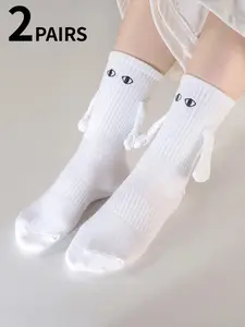 2 pairs of fun magnetic hand-holding casual mid-calf sock sets for couples, fun big eyes, unisex couple socks and sock clothing, Casual Stylish Socks