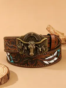Men's Western Cowboy Belt, Bull Head Punk Retro Feather Pattern, Rock Fashion Versatile Leather Belt, Stylish Accessory for Men