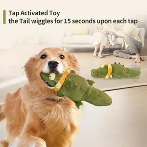 Puppy Essentials Interactive Crocodile Plush Dog Toy with Wagging Tail, Motion Activated, Squeaky Dog Toy, Crinkle Design, USB Rechargeable, Not Intended for Heavy Chewing squeaky toys for dog Detachable And Washable Cover