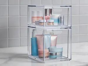 Stackable Clear Plastic Storage Drawers – 2-Piece Set | Ideal for Vanity Organization of Cosmetics and Beauty Essentials | Manufactured in the USA