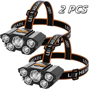 Two portable LED headlamps, flashlights that can be charged via USB, with waterproof function, adjustable headlamp design, suitable for outdoor camping, hiking, night fishing, and car maintenance work.