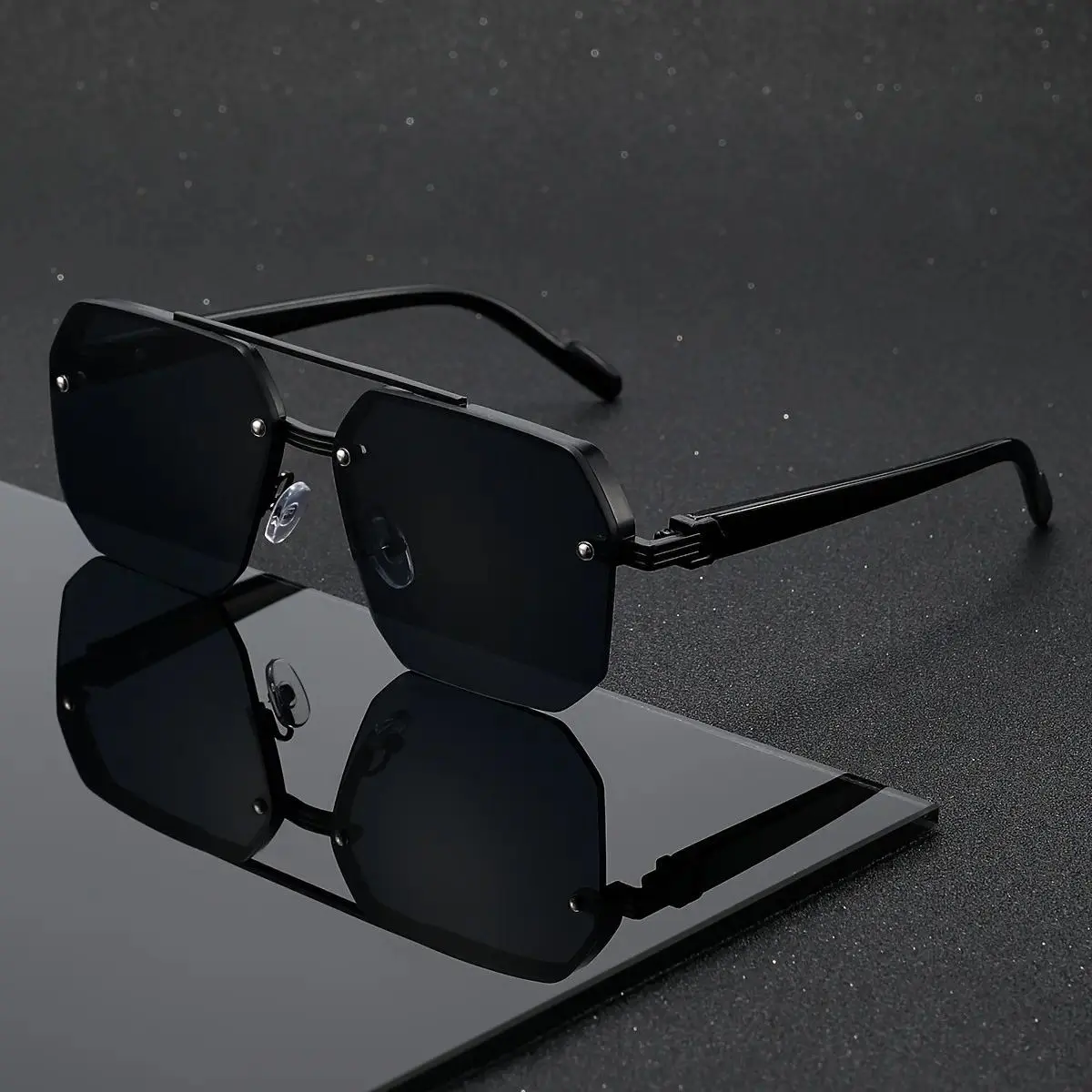 Unisex Retro Square Double-Beam Sunglasses, Semi-Rimless PC Frame, UV Protection Fashion Eyewear with Aesthetic, Chic, Contemporary, Dark-Lensed, Monochrome Men's Sunglasses for Party, Daily Use, Aesthetic Men's Sunglasses,summer outifit,travel essentials