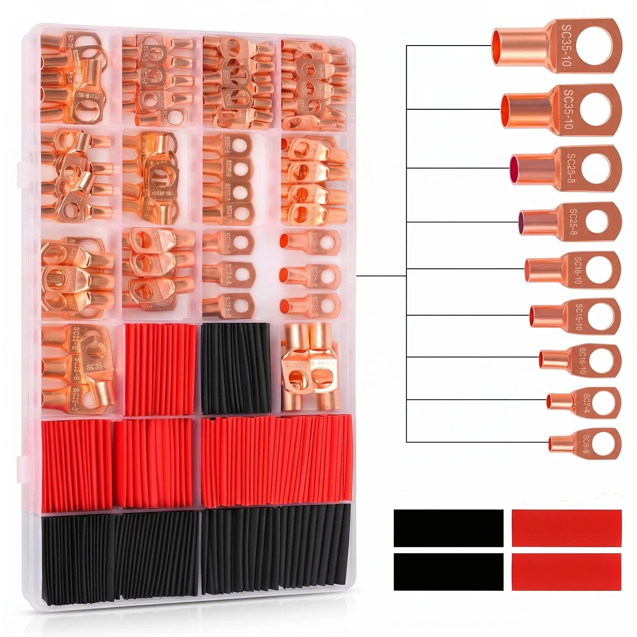 [Summervibes] 260 Pcs Copper Wire Lugs,Terminal Connectors,Used on AWG12 10 8 6 4 2 Cable,Heat Shrink Set,Bare Copper Eyelets,Including 120 Battery Cable Lugs Ends and 140 Heat Shrink Tubing,Tools & Hardware