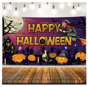 KatchOn, Spooky Happy Halloween Banner - XtraLarge, 72x44 Inch | Pumkin Halloween Backdrop for Purple and Orange Halloween Decorations Indoor | Halloween Witch Backdrop for Halloween Party Decorations Photo Wall