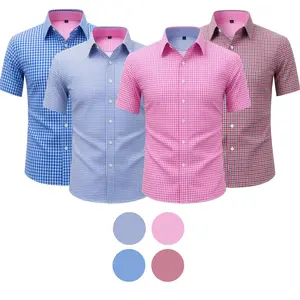 Men's Short Sleeve Gingham Check Dress Shirts Slim Fit Button Down Casual Summer Shirts with Contrast Collar - 4 Colors (Navy Blue/Light Blue/Wine Red/Pink) Lightweight Wrinkle-Resistant Business Casual Shirts for Work Office