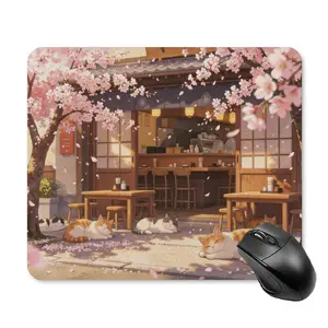 Gaming Mouse Pad - Kawaii Desk Mat Aesthetic Japanese Sakura Cat Cafe Desk Mat with Non-Slip Rubber Base, Cute Desk Decor for Office & Home