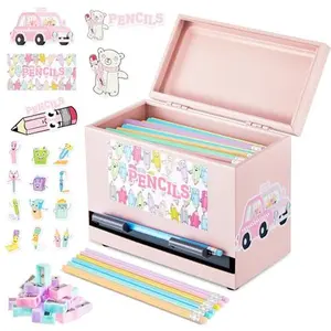 Back to School Supplies 107 Pcs Pencil Dispenser for Classroom with Pencil Holder 50 Pencils 50 Sharpener Sticker DIY Stainless Steel/Wooden Straw Dispenser Teacher Must Have Stationery Organizer Desk Accessories