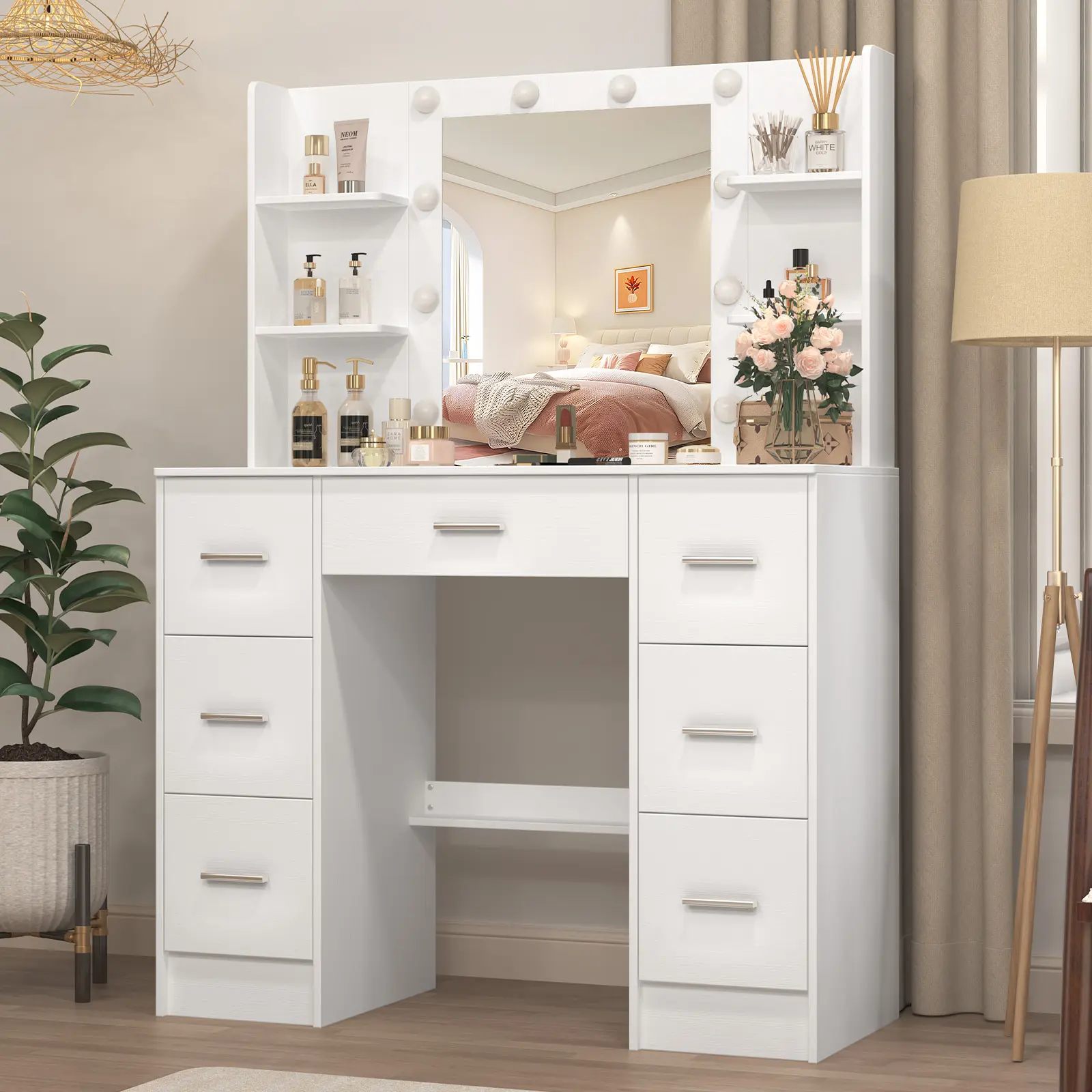 Vanity Desk with Mirror,  10 LED Bulbs, Makeup Table with 7 Drawers, 3 Color Modes Available for Bedroom, White Dresser With Led