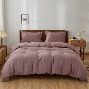 100% Linen Duvet Cover, 3 Natural French Flax Purple Duvet Cover Queen Size, Linen Comforter Cover with 2 Pillowcases(Purple, 88"x92")