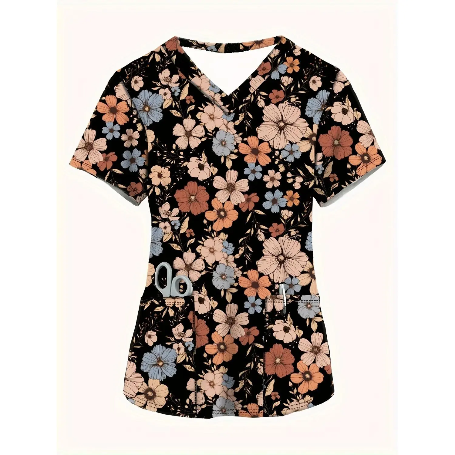 Women's Black V-Neck Short-Sleeve Blouse with Pockets, Small Floral Print, Breathable Machine-Washable Summer Top for Nurses, Healthcare Workers and Casual Wear