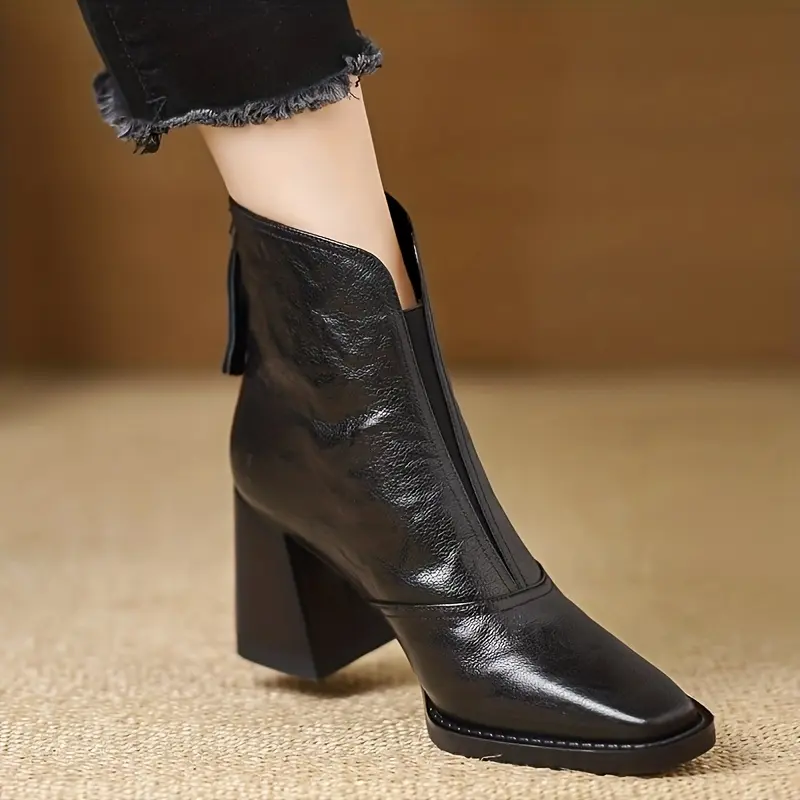 Elegant High-End Women's Square Toe Chunky Heel Ankle Boots Solid Color Midheels Versatile Timeless Fashion Essential for White Collar Ladies Professional Attire Business Casual Classic Style Elegant Boots Midheel Boots Ankle Booties Decor
