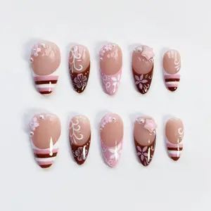 Y2K Kawaii Press On Nails, Pink Brown French Tip, Flower Pearl Design, Cute Nails