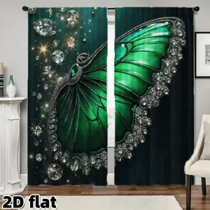 2D Flat 2Pcs Emerald Green Butterfly Diamond Print Curtains Fantasy Glitter Pattern Semi Sunshade Modern Aesthetic Rod Pocket Top Home Living Room Bedroom Window Treatment Decorative Panels Privacy