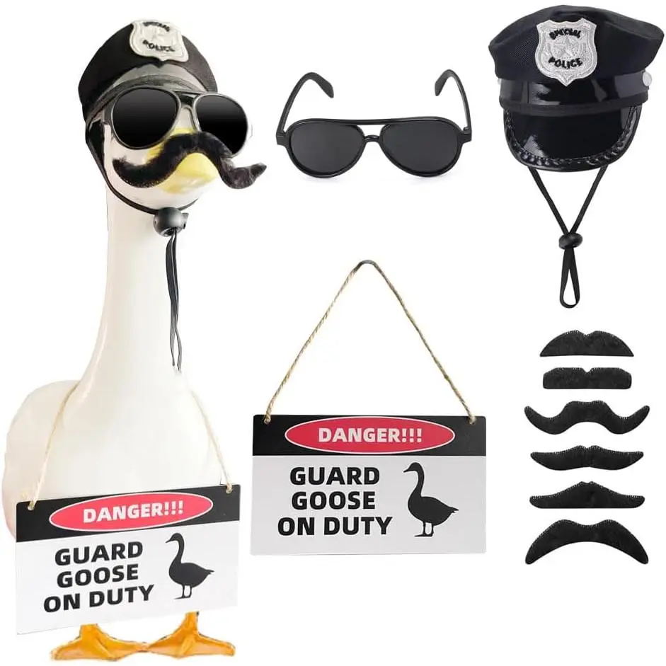 9 count Goose Outfit,Porch Goose Outfits,Lawn Goose Statue Costume for 17"/23" Cement Patio Garden Outdoor Statue Decor, Hat Eyeglasses PVC Sign Danger Guard Goose  Duty ()