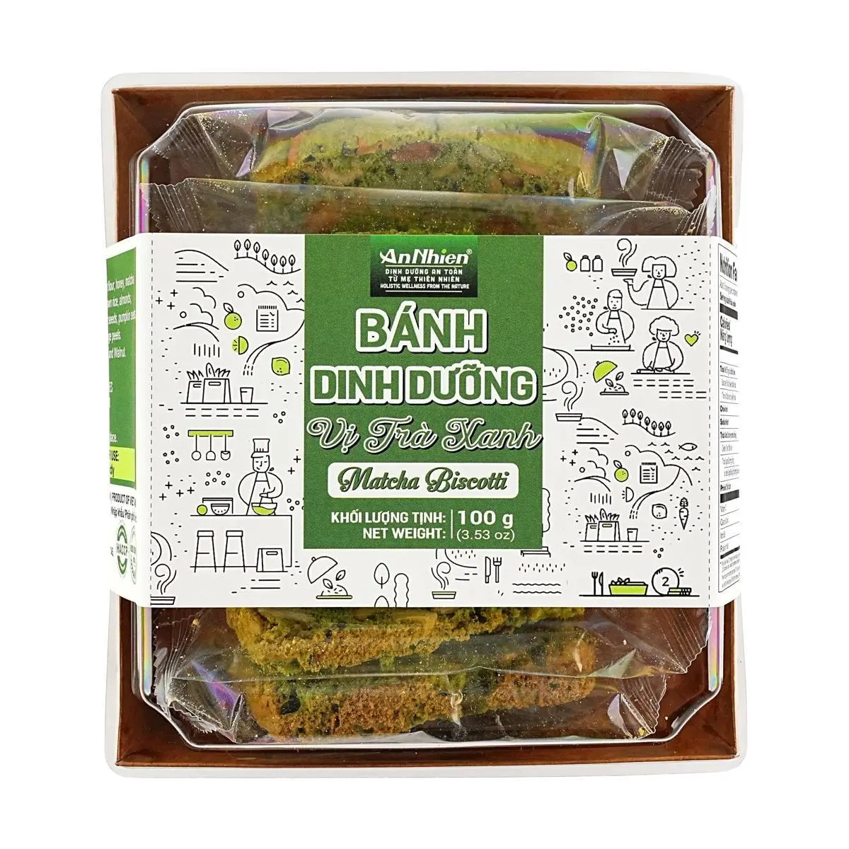 AN NHIEN Vietnamese Matcha Crispy Cookies with Honey Nuts 100g - Sugar-Free, No Additives, Healthy Snack Alternative