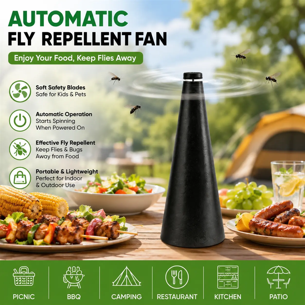 Automatic Fly Repellent Fan With Soft Safety Blades, Portable Tabletop Bug Repeller,powered Insect Deterrent Fan For Outdoor Picnic Bbq Camping Restaurant Kitchen Patio Food Protection