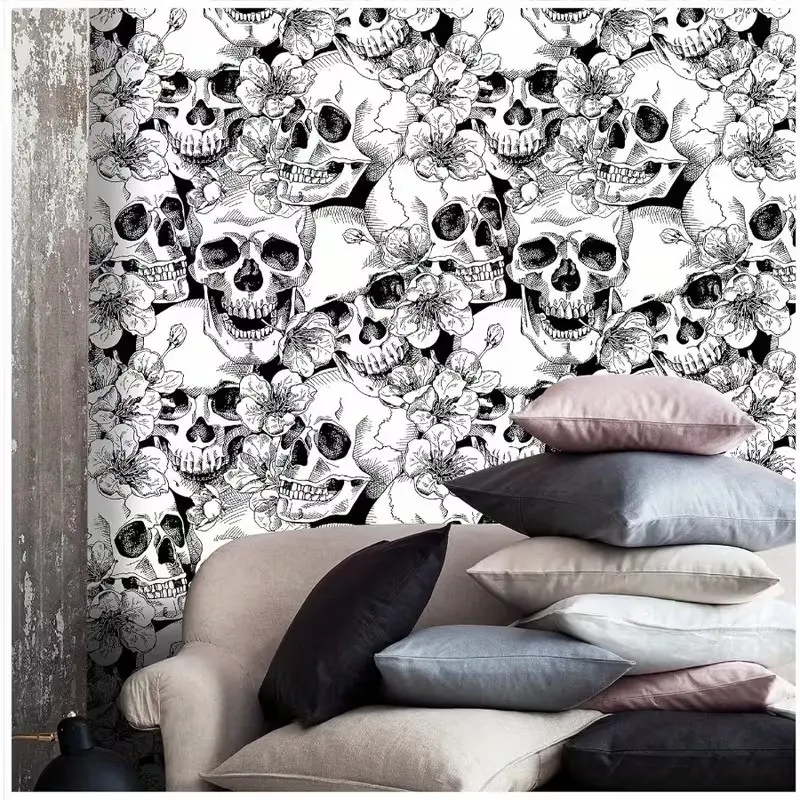 Peel & Stick Skull Floral Wallpaper, Spooky and Skull Flower Print, Removable Gothic Wallpaper for Bedroom Decor, No Residue, Self Adhesive Wallpaper