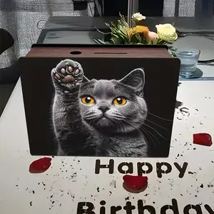 Wooden Piggy Bank with Cat Design, 2D Printed Money Saving Plan, Ideal Gift for Teens, Birthday Party, School Season, Storage Container