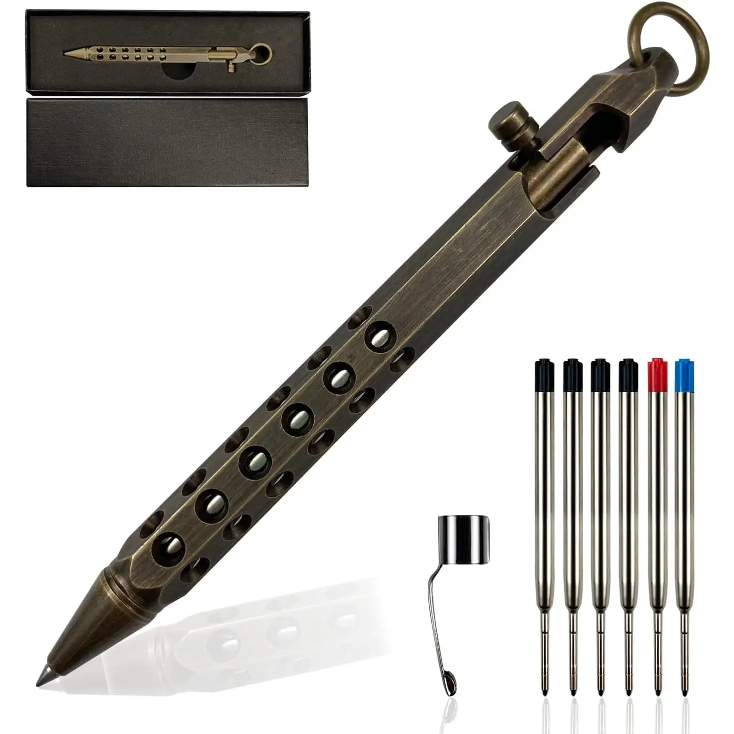 Bolt Action Solid Brass EDC Pen - Six-Edge Pocket Metal Pen with Refills and Clip for Business, Christmas, Birthday Gifts (Black)