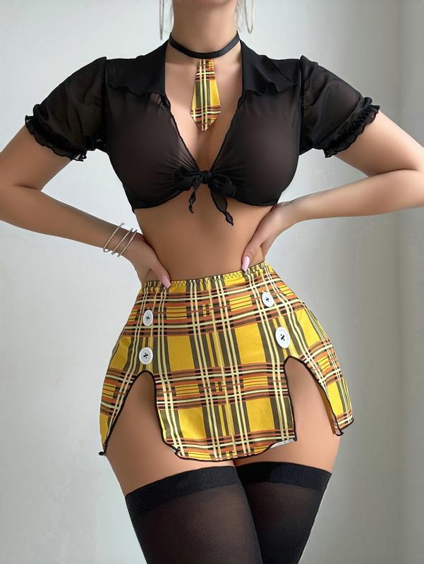 6 Piece Lingerie Set Sheer Tie Front Crop Top and Plaid Skirt Set Roleplay Costume Outfits