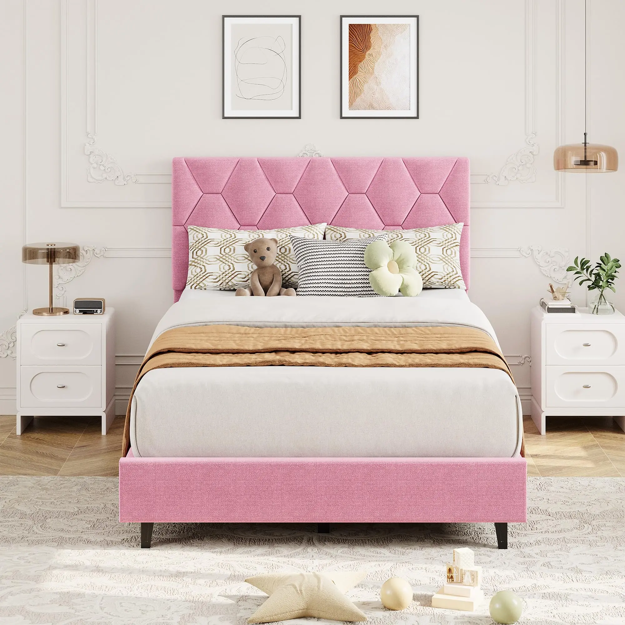 Gaomon Twin Size Velvet Upholstered Headboard Platform Bed Frame for Minimalist Bedroom, Wooden Slats Support, No Box Spring Needed Mattress Foundation, Easy Setup & Assembly, Pink