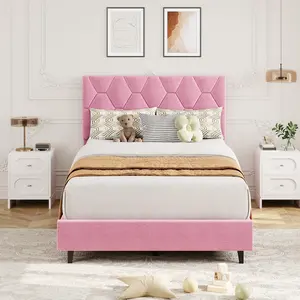 Twin Size Platform Bed Frame with Upholstered Headboard and Wooden Slats Support, Velvet Upholstered Mattress Foundation/No Box Spring Needed/Easy Assembly, Pink