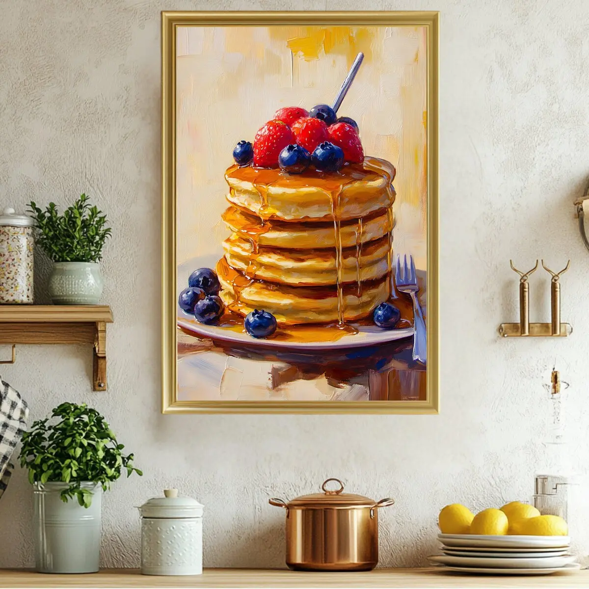 Pancake Stack Wall Art, Kitchen Decor Pancake Art, Breakfast Food Painting, Berry Topped Pancakes, Syrup Drizzled Pancakes Print, Unframed