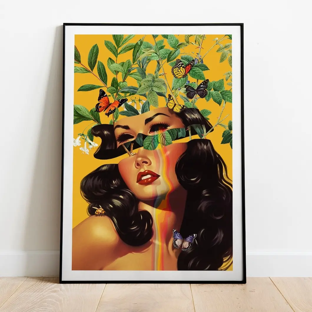 [UNFRAMED POSTER] Inside Beauty v5 ( Retro Wall Art, Vintage Surreal Collage Art Print, Yellow Collage Poster, Weird Wall Art )