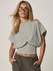 Women's Fashion Casual Everyday Striped Print T-Shirt Top, Slim Fit Gathered Waist Design, All Season Versatile, Suitable for School and Parties