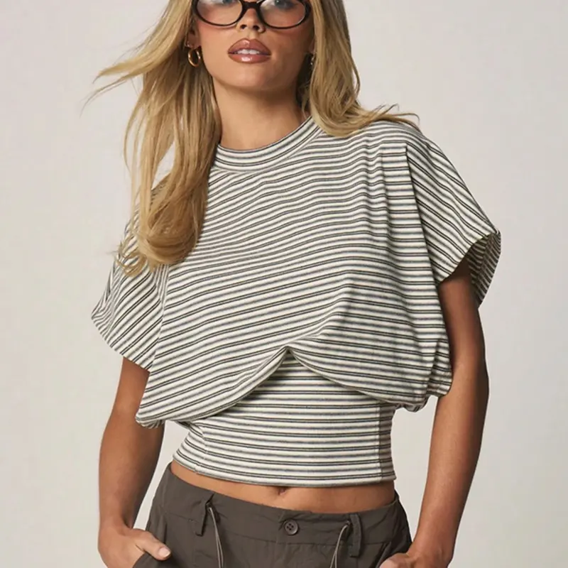 Women's Slim-Fit Striped Crew-Neck Casual T-Shirt with Gathered-Waist Design for School and Parties