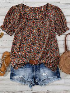 【plus size】 ditsy floral print blouse, bohemian casual shortsleeve top for daily wear, women plus clothing for all seasons, womenswear, plus size clothes women, summer clothes women