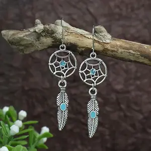 Tibetan Silver feather dream catcher pendant earrings_8008