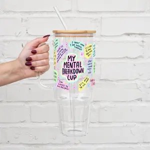 Mental Breakdown Glass Tumbler with Lid & Plastic and Glass Straws, Mental Health Gift Mental Breakdown Glass Tumbler with Lid & Plastic and Glass Straws, Mental Health Gift
