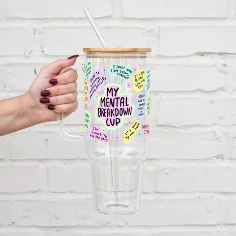 Motivational 40oz Glass Tumbler with Handle, Bamboo Lid & Straw, Iced Coffee Cup