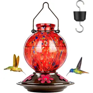 Hummingbird Feeder,  Glass Hummingbird Feeders for Outdoors Hanging, 20 Ounces, Leak Proof, Meshy Texture Ball Shape Bottle, Red, Birthday Gifts for Women Men, Gifts for Mom Dad