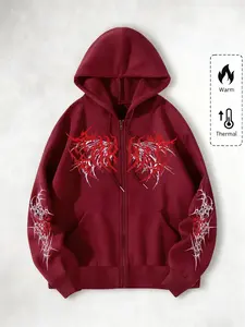 Gothic Dark Wing Original Print Zip Hoodie Long Sleeve Sweatshirts, Fashion Streetwear for Casual Occasions, Perfect School Choice, Geometric Pattern