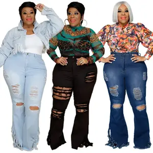Plus Size Ripped Fringe Washed Flared Pants